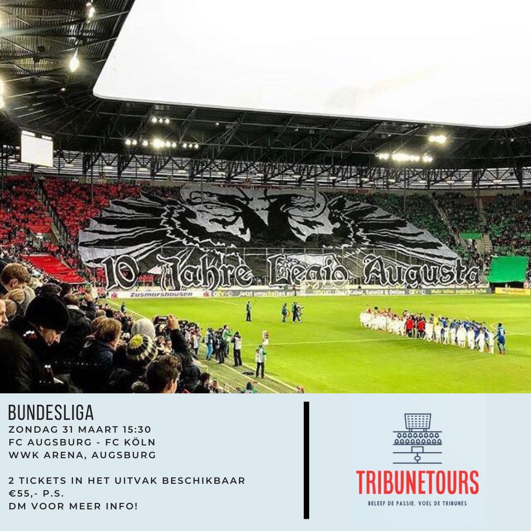 BUNDESLIGA
🇩🇪 FC Augsburg - FC Köln
📍 31.03.2024 15:30
🏟 WWK Arena, Augsburg
🎟 2 tickets in het uitvak beschikbaar voor €55,- p.s.

DM of mail naar info@tribunetours.nl voor info!

#fcaugsburg #fca #effzeh #fckoeln #augsburg #wwkarena #bundesliga #groundhopping #voetbalreis