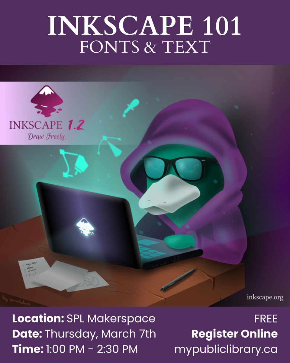 Learn the basics of text and fonts on Inkscape for your next laser project. Register online under SPL Makerspace &gt; Programs.