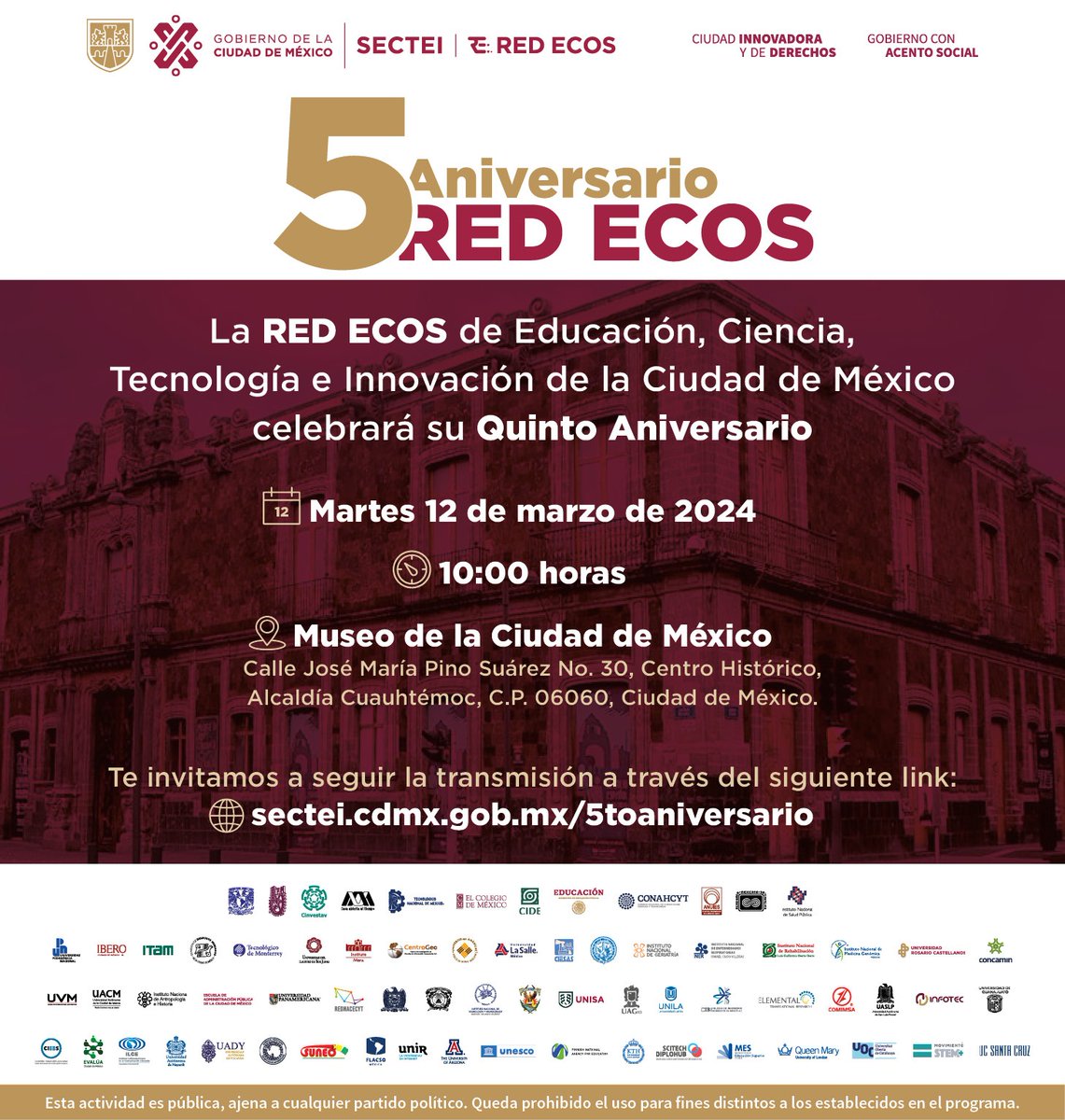 SECTEI CDMX (@sectei_cdmx) on Twitter photo El próximo 12 de marzo sigue la transmisión del Quinto Aniversario de la RED ECOS.
Participan autoridades y representantes de instituciones educativas y de investigación integrantes de la <a href="/Red_ECOs/">Red ECOs CDMX</a>.
⌚️ 10:00 h
👉 sectei.cdmx.gob.mx/5toaniversario
#Agenda El próximo 12 de marzo sigue la transmisión del Quinto Aniversario de la RED ECOS.
Participan autoridades y representantes de instituciones educativas y de investigación integrantes de la <a href="/Red_ECOs/">Red ECOs CDMX</a>.
⌚️ 10:00 h
👉 sectei.cdmx.gob.mx/5toaniversario
#Agenda