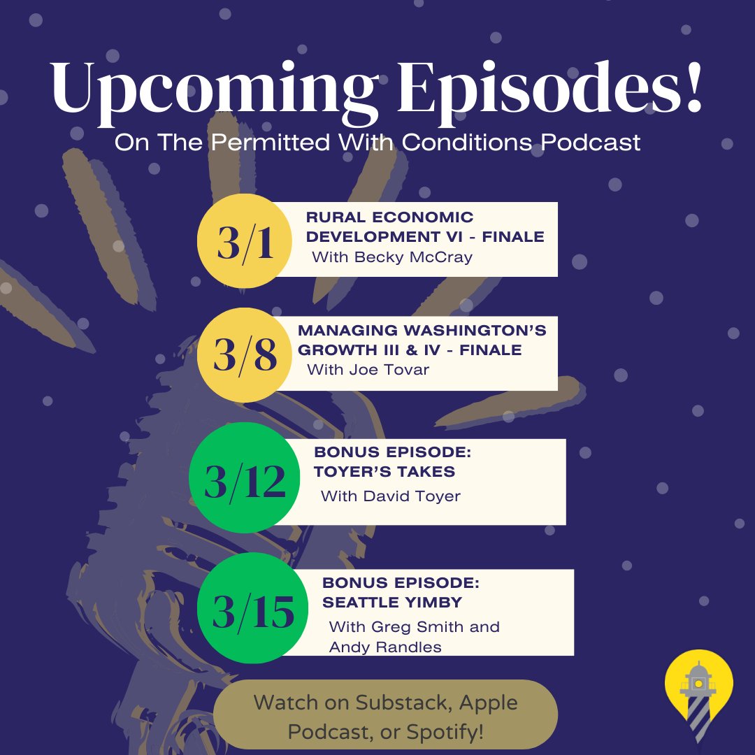 ToyerStrategic's tweet image. Here&apos;s what&apos;s coming soon on the #PermittedwithConditionsPodcast. You can check out all our episodes on Substack, Spotify or Apple Podcasts. #housing #economicdevelopment #zoning