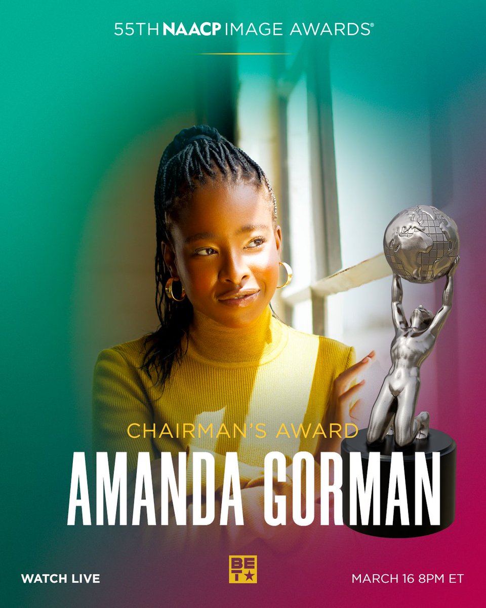 She taught us that there is always light. ✨ Congratulations @TheAmandaGorman, American poet, activist, and our Chairman’s Award recipient. Watch the 55th #NAACPImageAwards on March 16 at 8pm ET on @BET.