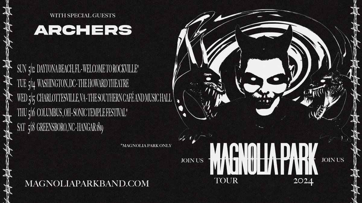 We’re extremely excited to announce that we’ll be supporting @magnoliaparkfl this spring! 5/14 Washington, DC - The Howard Theatre 5/15 Charlottesville, VA - The Southern Café And Music Hall 5/18 Greensboro, NC - Hangar 1819 Tickets are on sale now 🤘