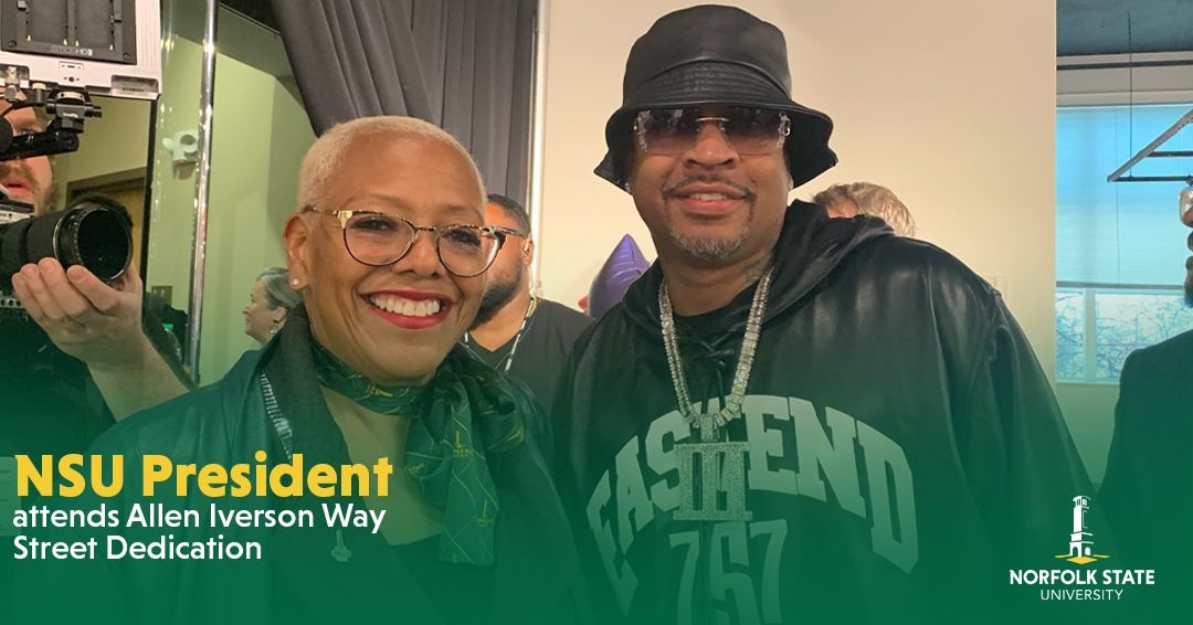 Norfolkstate's tweet photo. The Allen Iverson Way Street Dedication Ceremony brought the community together to honor a legend! President Dr. Javaune Adams-Gaston, 76ers VP Mike Goings, and Marcellus Spencer 'Boo' Williams joined in the celebration. #NSU #AllenIverson #Behold https://t.co/hq6wafhWIm