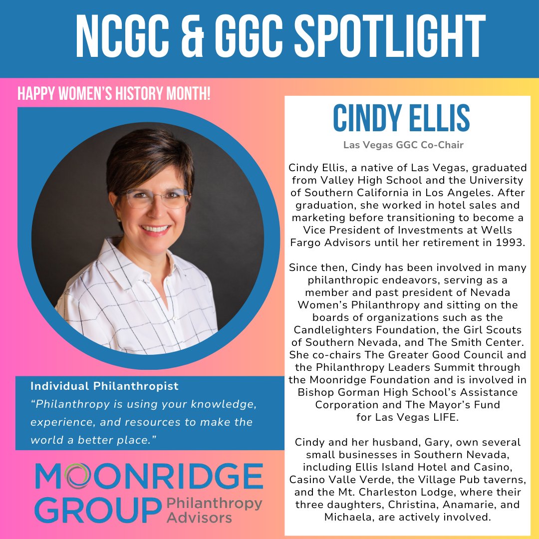 Celebrating #WomensHistoryMonth with Cindy Ellis: Las Vegas native and co-chair of The Greater Good Council. From hotel sales to investment advising, her journey embodies dedication to community. Now, she leads initiatives benefiting Nevada's youth and cultural institutions. 🌟