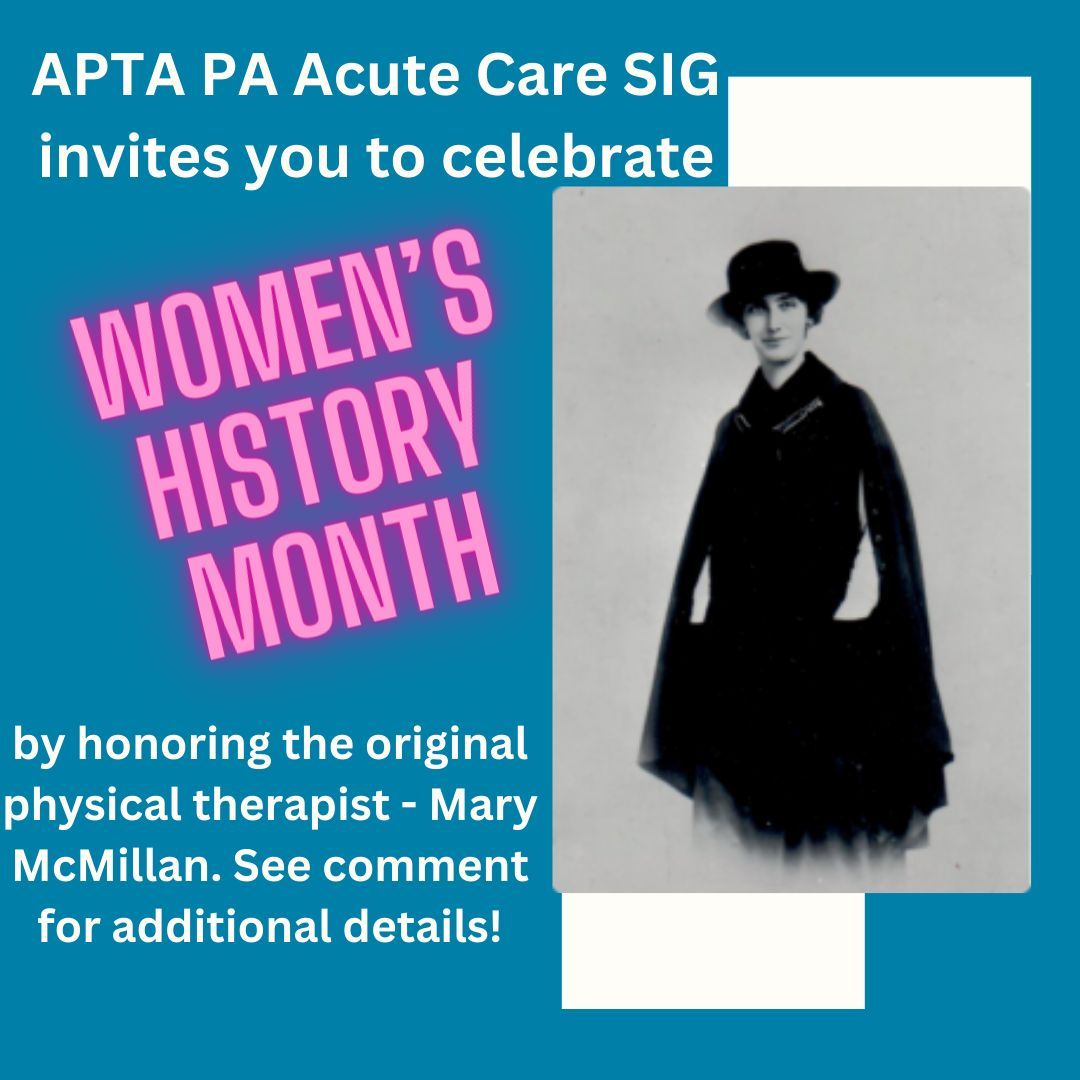 APTA_PA's tweet photo. Mary McMillan is the mother of physical therapy and pioneered the profession we now know today. 

Reference: https://t.co/Mqzh1eBw8A 

***Tag or drop the name of any innovative women PTs in acute care you see as a leader or pioneer - we would love to highlight them this month! https://t.co/ZgYuWbsI36