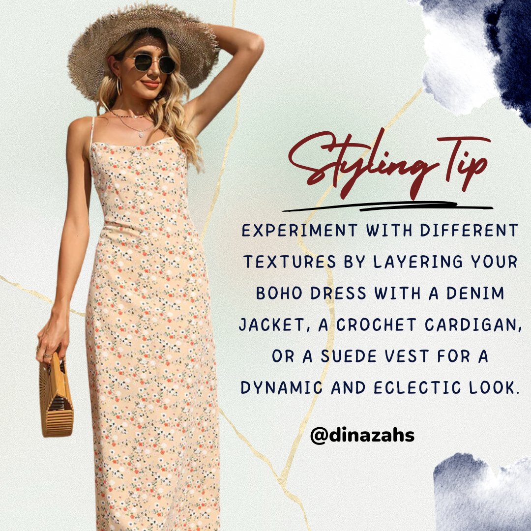 Dinazahs's tweet image. Styling Tip on Boho Dress: Experiment with different textures by layering your boho dress with a denim jacket, a crochet cardigan, or a suede vest for a dynamic and eclectic look.

#stylingtip #fashiontip #fashionideas #howtowear  #bohodress #cardigan #crochet