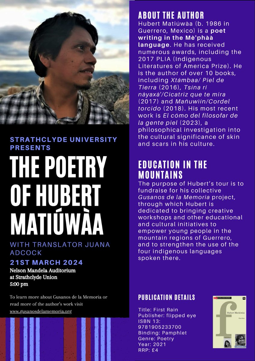 Pls share: our <a href="/StrathclydeCW/">Creative Writing at Strathclyde</a> / Spanish poetry event w HUBERT MATIUWAA &amp; JUANA ADCOCK, straddling Mexico &amp; Glasgow, is now ONLINE as well as in person <a href="/StrathUnion/">Strathclyde Union</a> 21/3 @ 17.00 so you can join us wherever you are. Pay What You Can.
eventbrite.co.uk/e/hubert-matiu…
