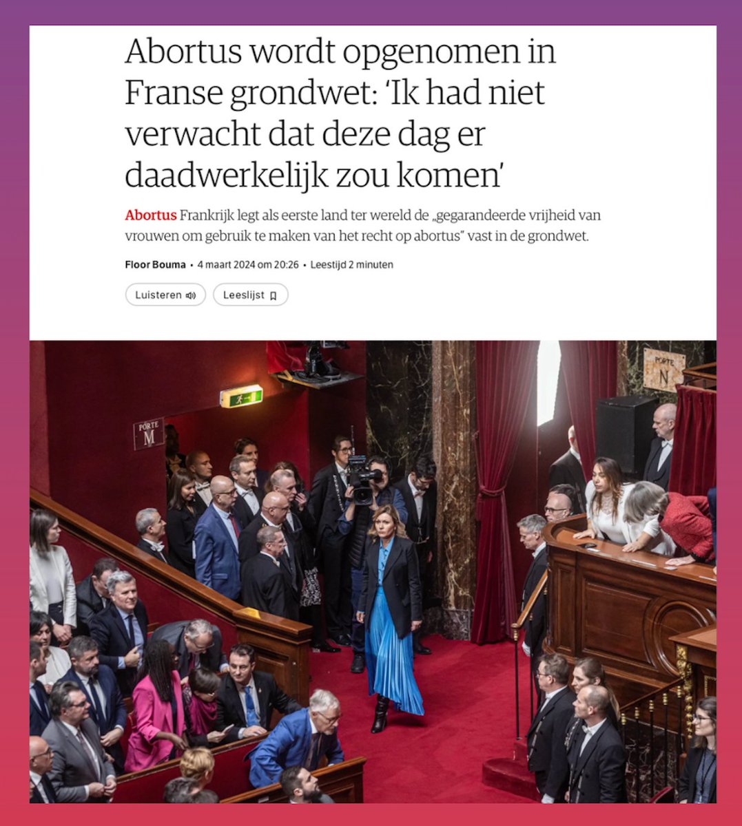 Tous mes compliments pour cette étape importante! Frankrijk is het eerste land ter wereld dat het recht op abortus in de grondwet opneemt. Ik hoop dat Nederland snel volgt, te beginnen met abortus uit het Wetboek van Strafrecht verwijderen. Abortus is een recht, geen misdaad.