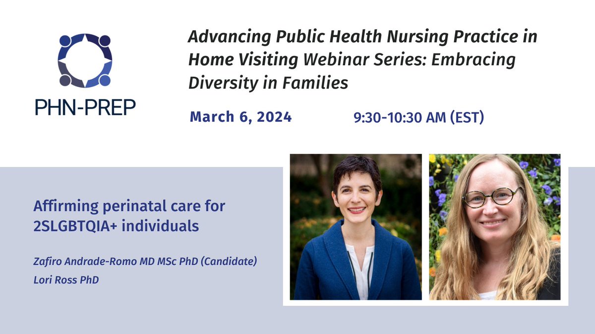 Today is the last day to register for the #PHNPREP webinar on March 6, 2024. Presented by Dr. Zafiro Andrade-Romo and Dr. Lori Ross, this #webinar focuses on affirming perinatal care for 2SLGBTQIA+ individuals. Reserve your spot now at: phnprep.ca/event/affirmin…