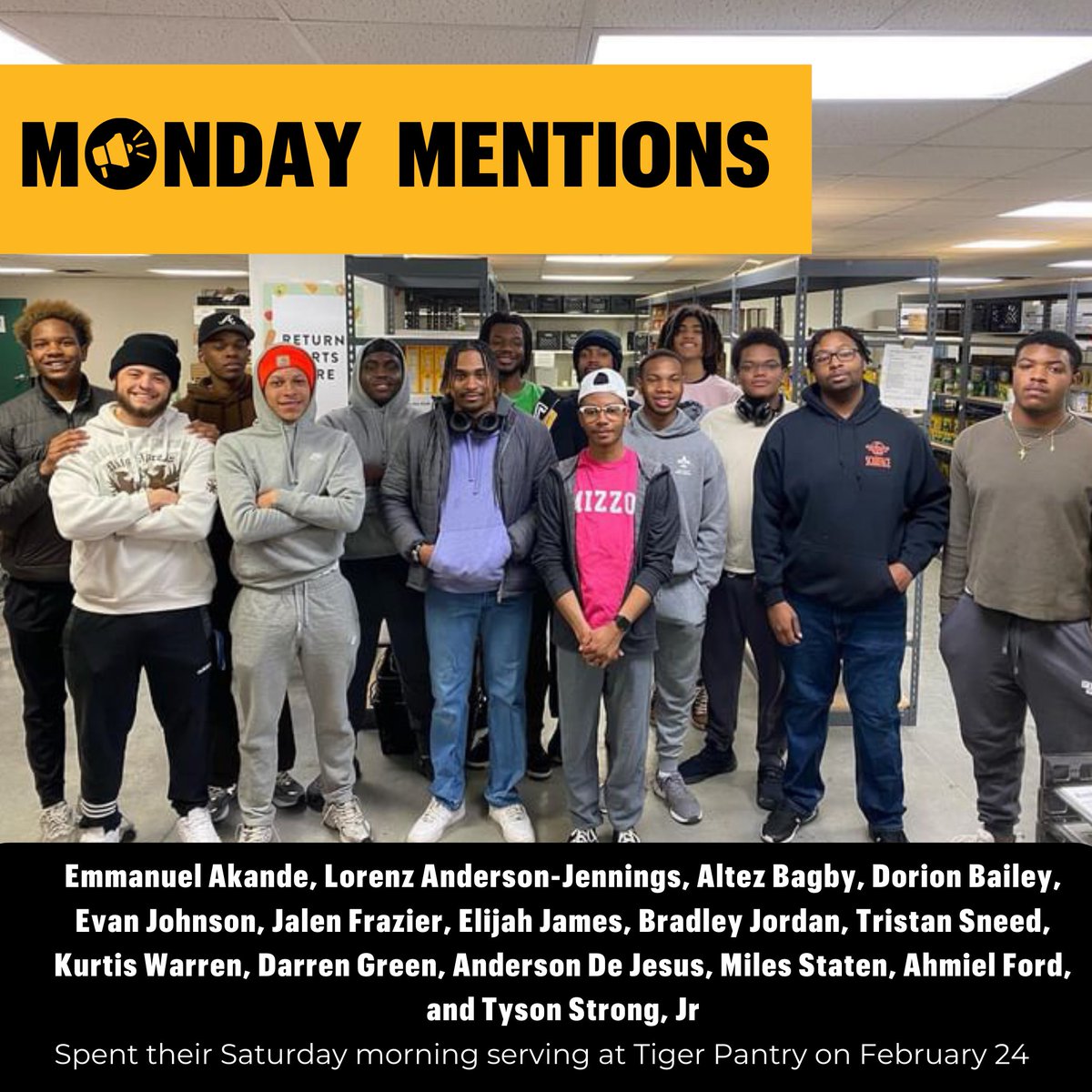 This week's #MondayMention goes out to our 2023-2024 MBMI Cohort for spending a part of their weekend serving at Tiger Pantry on Saturday, Feb. 24!