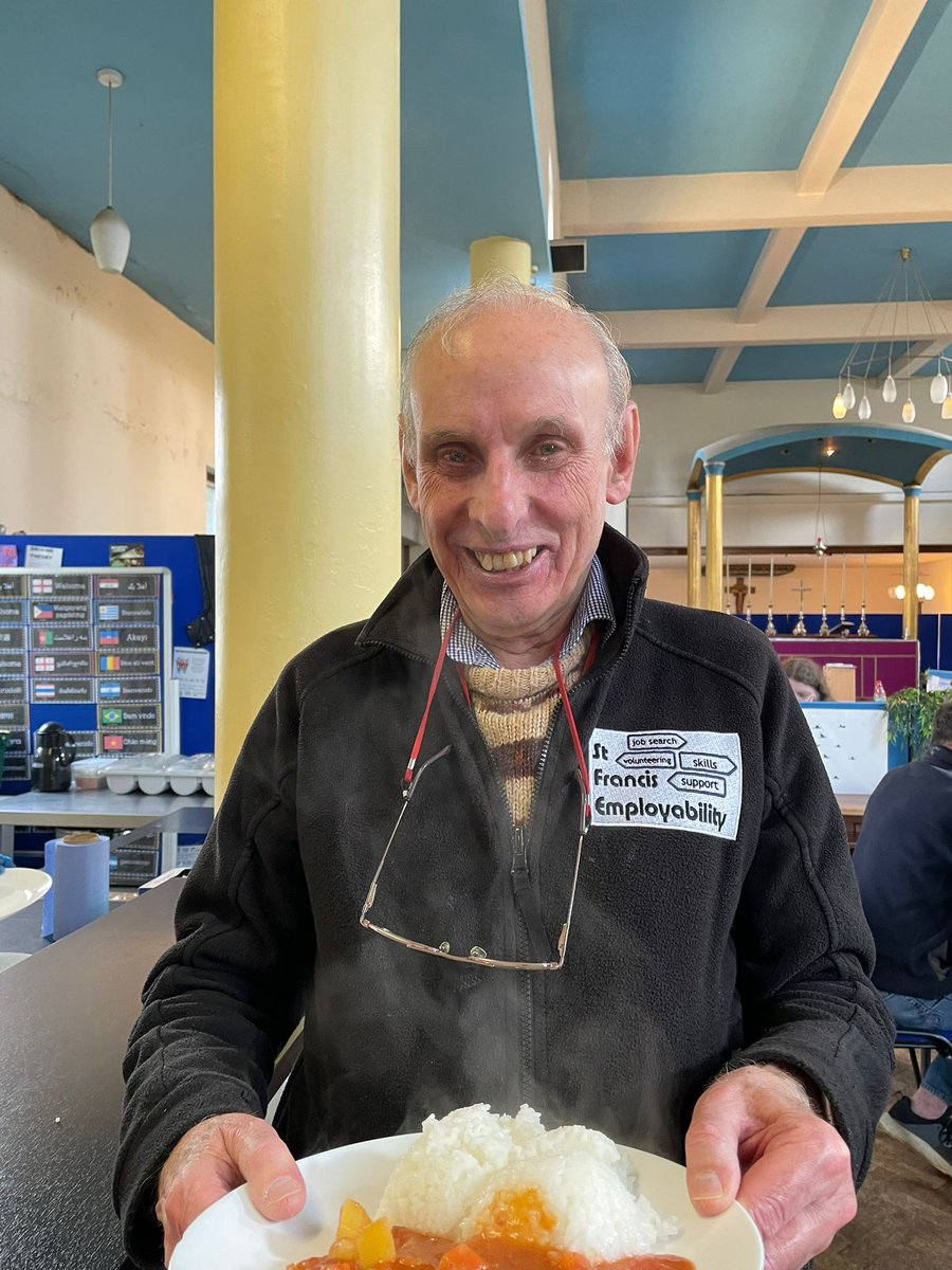 stfcov's tweet image. Our community cafe is open every week day and we offer FREE breakfast, lunch and drinks and this is open to anyone!!
Today we were treated to home made curry, cooked by one of our lovely volunteers.
Photos show one of our very regular volunteers enjoying his lunch with us.