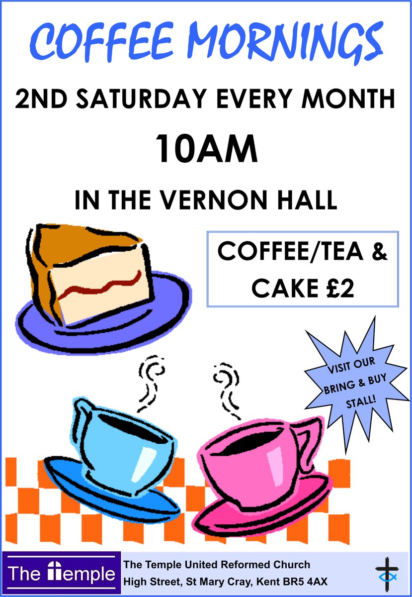 Join us this Saturday morning at 10am for coffee (or tea!), delicious cake and lots of friendly conversation!  
Visit our Bring and Buy stall for jam, marmalade and lots more.