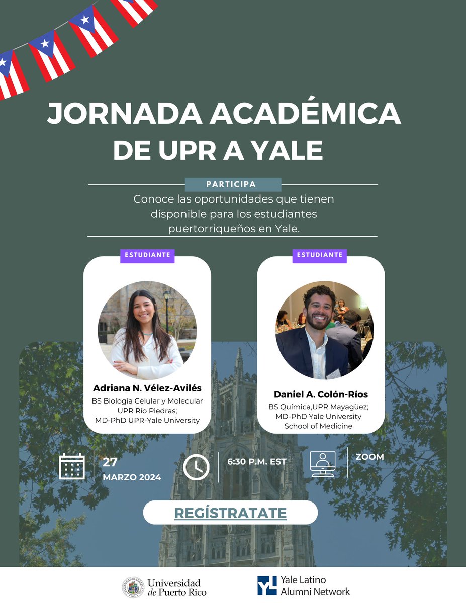 Adriana N. Vélez Avilés (@adri_md_phd_st) on Twitter photo Feliz de compartirles está actividad donde <a href="/DanielColonRios/">Daniel A. Colón Ríos</a> y yo, egresados de la <a href="/UPR_Oficial/">UPR</a> y actualmente en <a href="/Yale/">Yale University</a>, hablaremos sobre la trayectoria hacia cursar un grado doble doctoral en ciencia y medicina. Si te interesa este tipo de carrera, este evento es para ti!❤️ Feliz de compartirles está actividad donde <a href="/DanielColonRios/">Daniel A. Colón Ríos</a> y yo, egresados de la <a href="/UPR_Oficial/">UPR</a> y actualmente en <a href="/Yale/">Yale University</a>, hablaremos sobre la trayectoria hacia cursar un grado doble doctoral en ciencia y medicina. Si te interesa este tipo de carrera, este evento es para ti!❤️