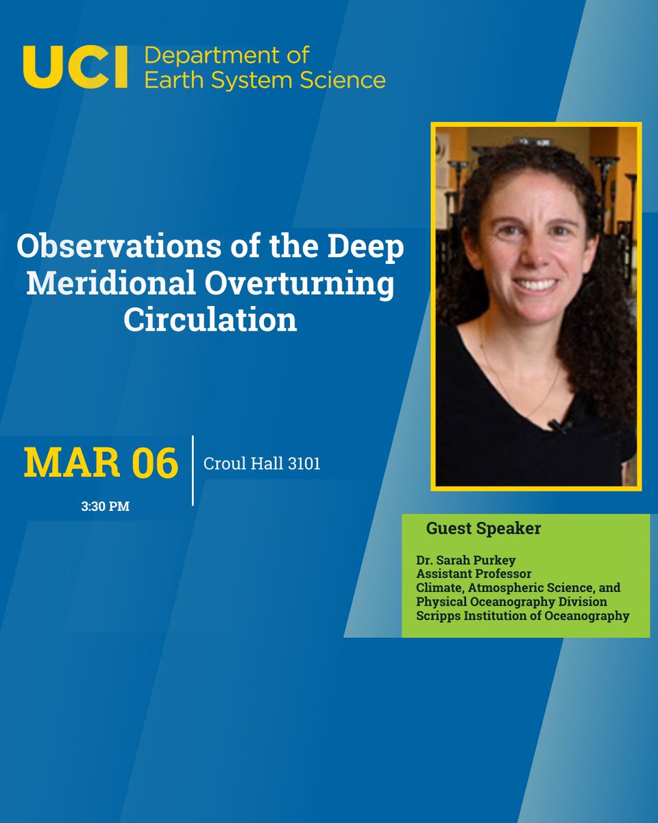 Join us tomorrow for an insightful seminar on 'Observations of the Deep Meridional Overturning Circulation' with Dr. Sarah Purkey from the Scripps Institution of Oceanography. Dive into the depths of oceanography with us! #UCIESS #ClimateScience #Seminar