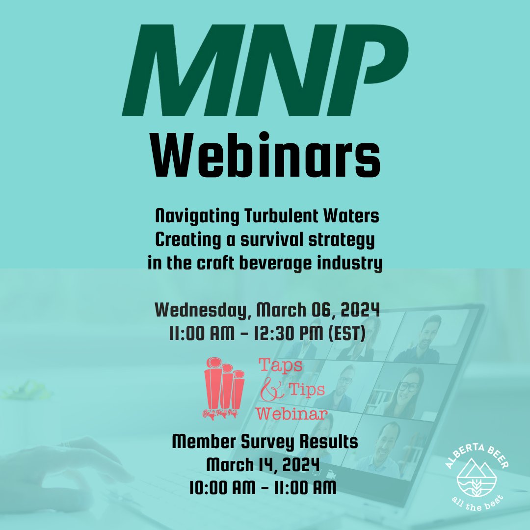 Don't miss out on the upcoming MNP events! There's still time to register for MNP's webinar scheduled for tomorrow: shorturl.at/FQR13 and the Taps & Tips session scheduled for next Thursday: asba20.wildapricot.org/event-5587539 #ABCraftBeer #ABCraftBreweries #MNPWebinars