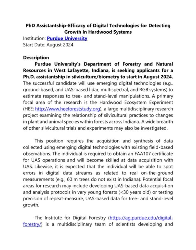 PhD position in silviculture/biometry at Purdue University, United States