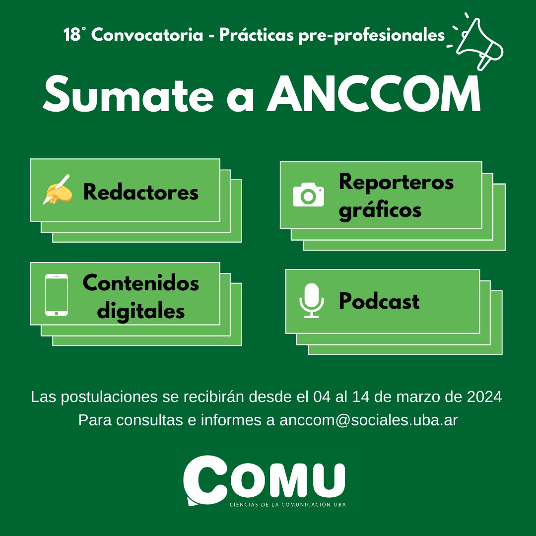 AnccomNoticias's tweet photo. 🔊18º Convocatoria para prácticas pre profesionales en #ANCCOM
📅 Hasta el 14 de marzo, podes anotarte a las prácticas pre profesionales supervisadas de la carrera en @comuUBA https://t.co/KXkGhgEEFK