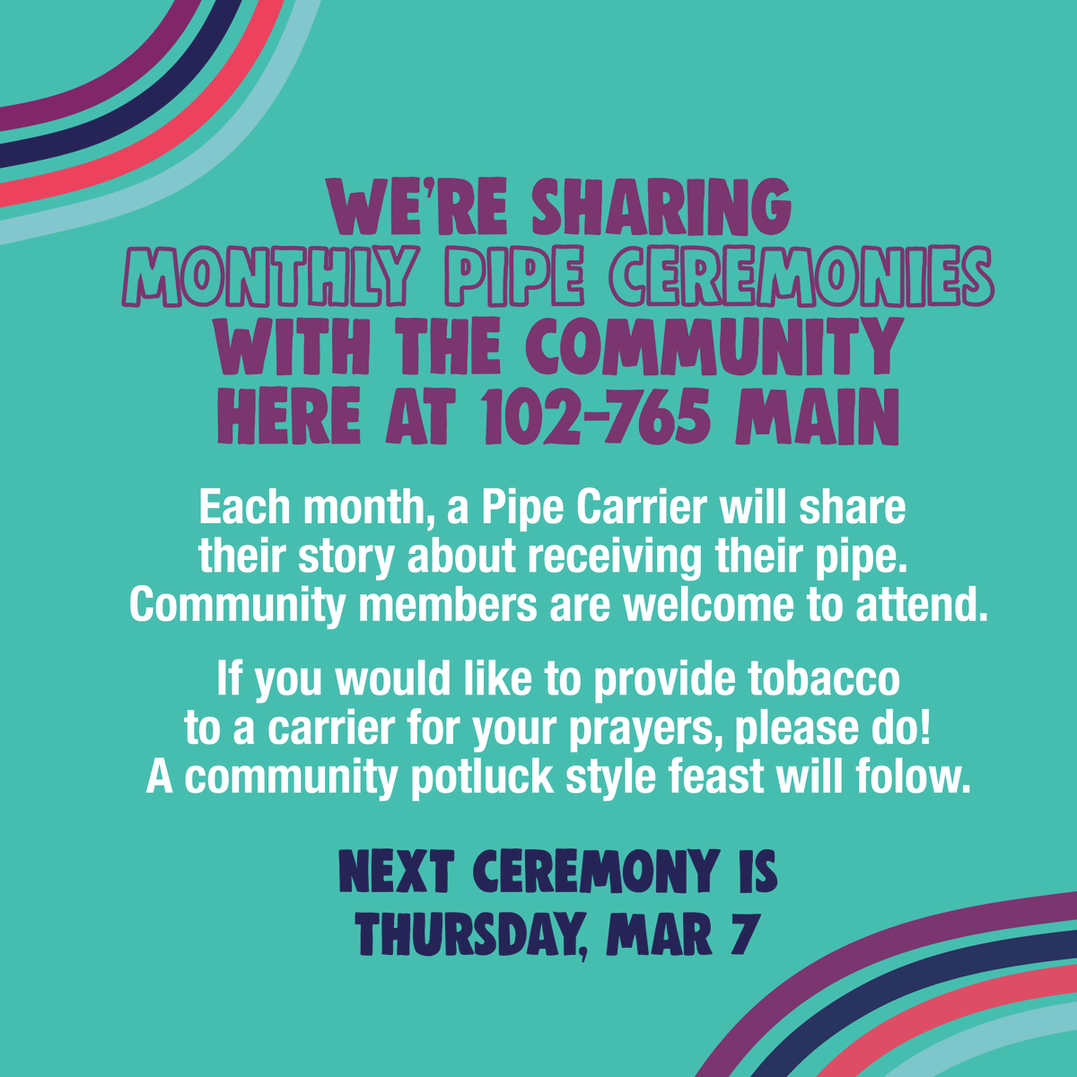 goaskauntieca's tweet photo. We will be having a Pipe Ceremony March 7th at 9:30 a.m. All are welcome to attend!
#GoAskAuntie
#SexualHealthAwareness
#GetTested
#STBBIAwareness
#SexualHealth
#SexualWellness
#StopTheStigma
#SexualHealthServices
#IndigenousSexualHealth
#IndigenousClinic https://t.co/P9ha8QdRZe