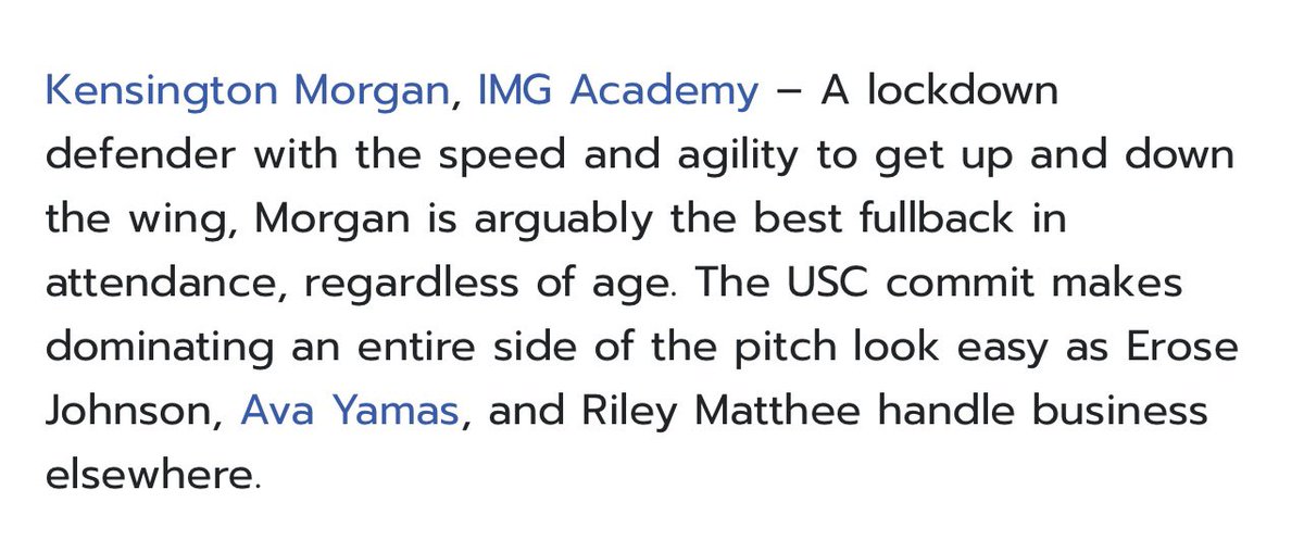Thank you @TopDrawerSoccer for the shout-out. Always honored to be mentioned alongside such talented players. Can’t wait for the great competition @GAcademyLeague Champions Cup this week at @IMGASoccer!