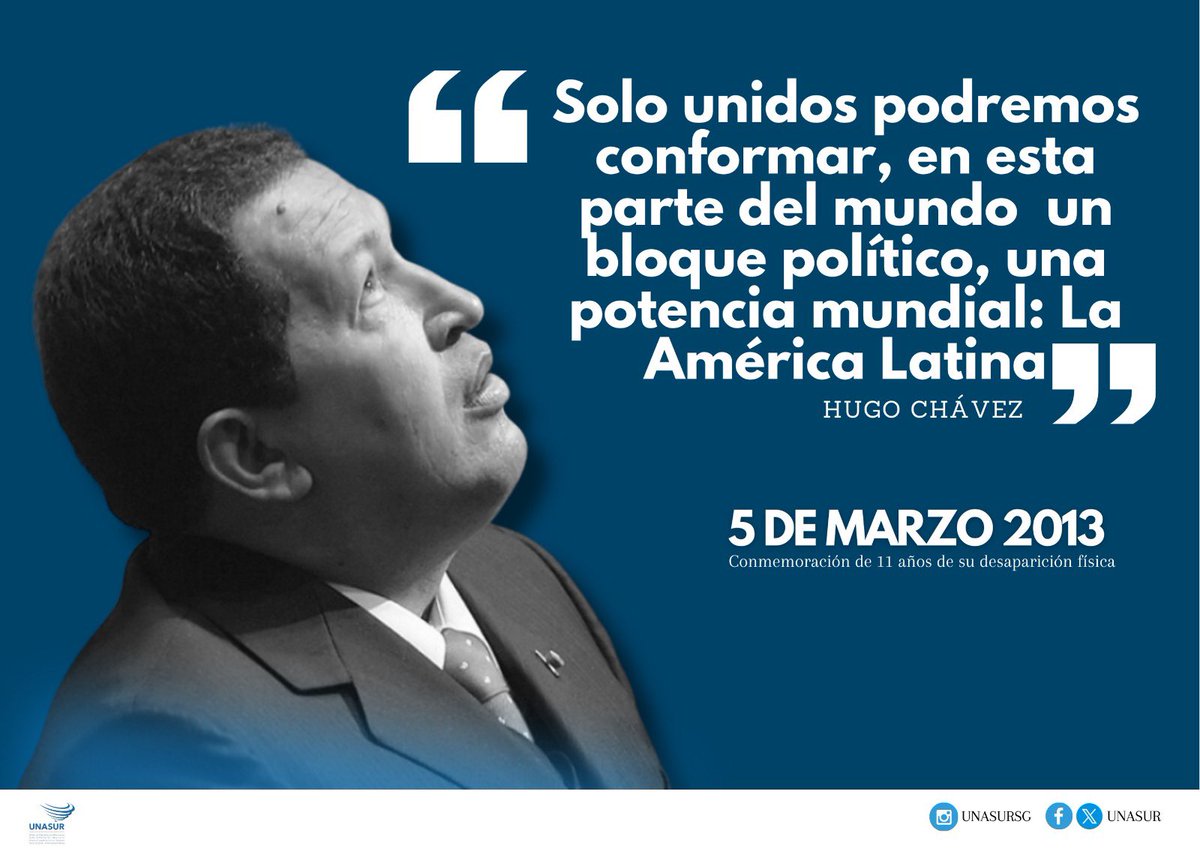 Hoy al cumplirse 11 años de su paso a la eternidad, UNASUR recuerda al Presidente Hugo Chavez y su firme compromiso con la causa de la unidad y la integración de América Latina y El Caribe, como símbolo de una generación de estadistas que consolidaron los cimientos de la…