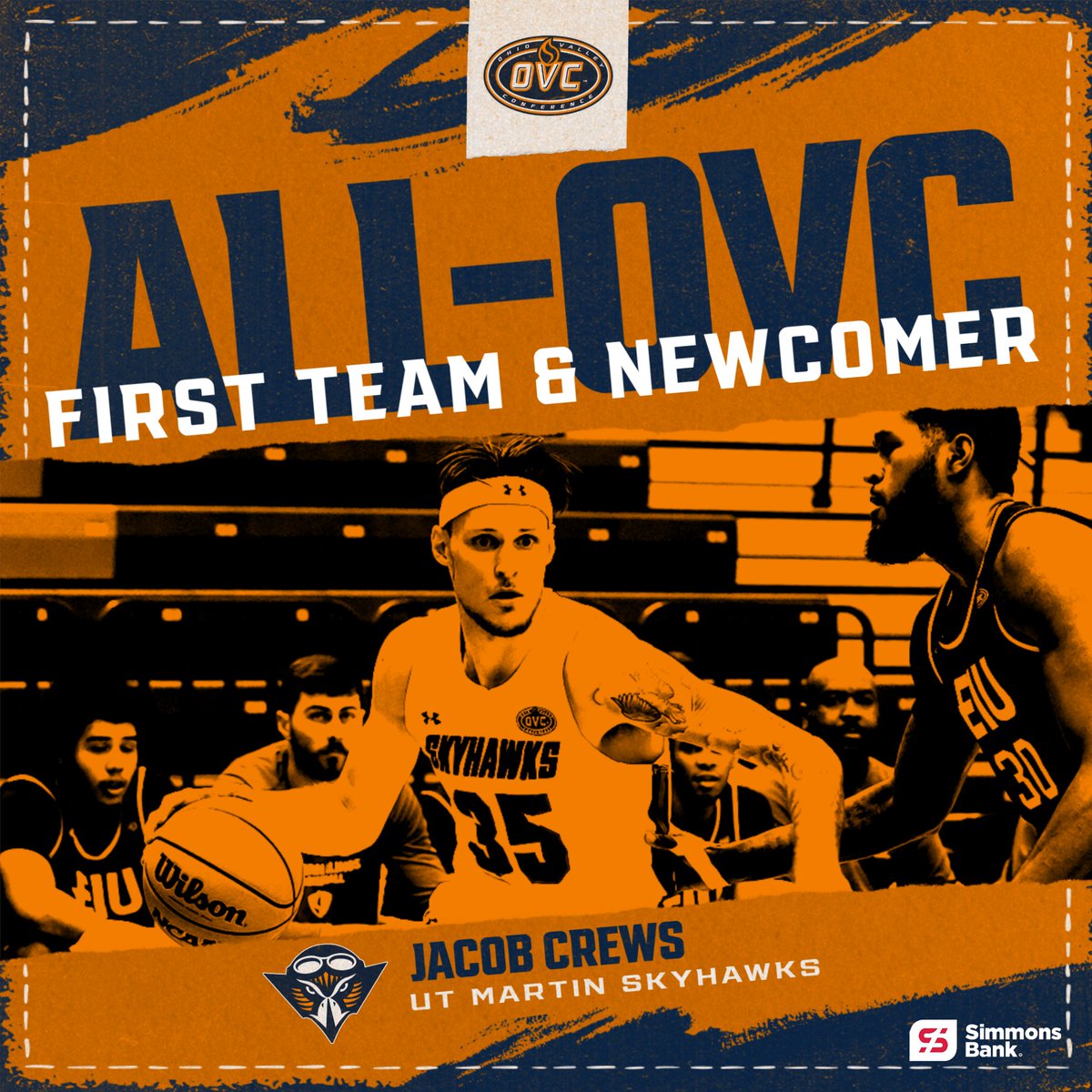 Congratulations to <a href="/SkyhawkHoops/">UT Martin Basketball</a> junior Jacob Crews, who was named to the All-OVC first team and All-Newcomer today!

Crews is the ONLY NCAA D-I men's player to average:
🏀 19.0+ points per game
🏀 8.0+ rebounds/game
🏀 85+ 3-pointers (OVC-best .419 3FG%)

#MartinMade | #OVCit