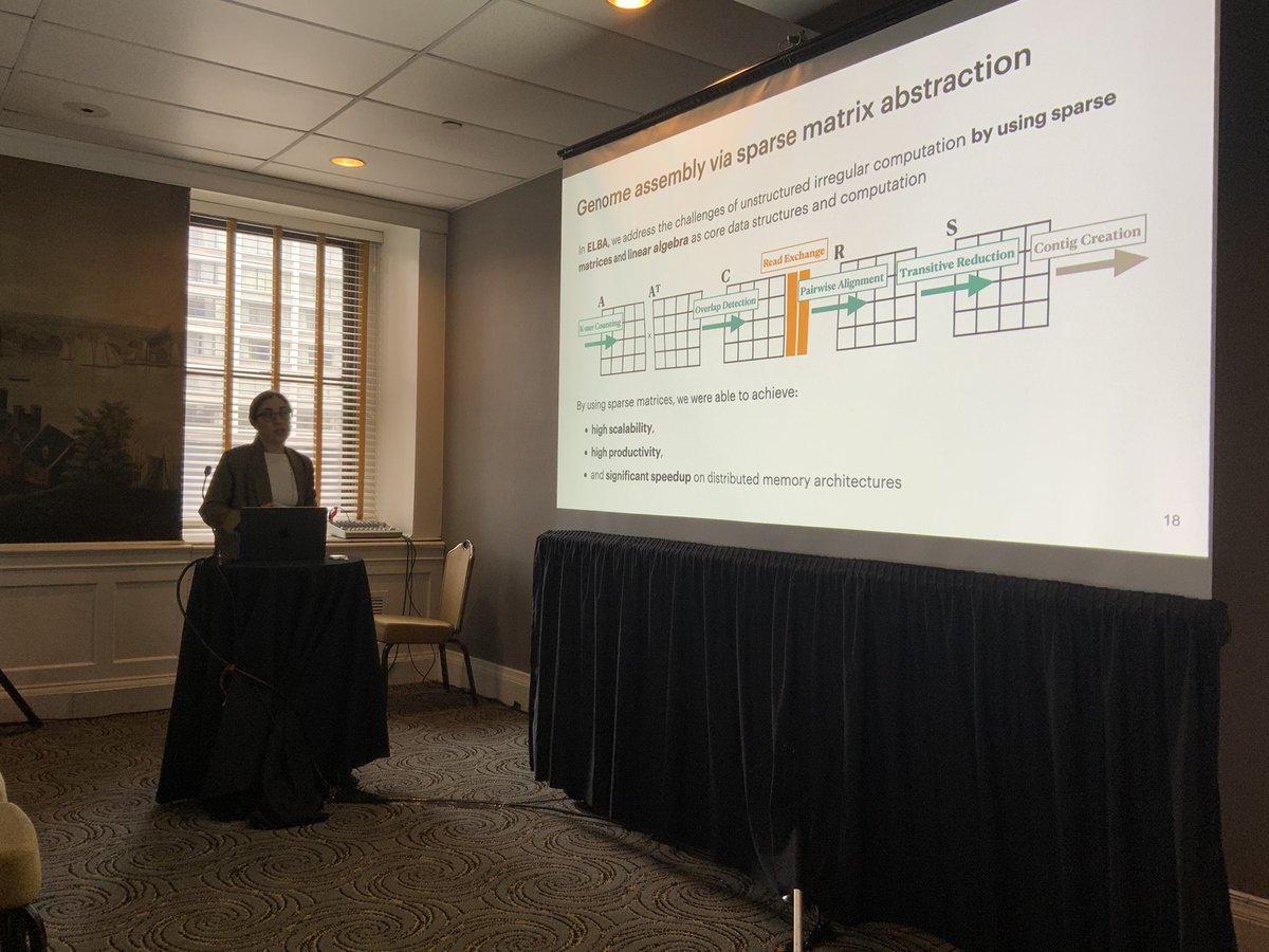 @giuliaguidi presents about “Sparse Matrix As Computational Abstraction for Large-Scale Science” at #SIAMPP24. How to use sparse matrix computations to accelerate computational biology