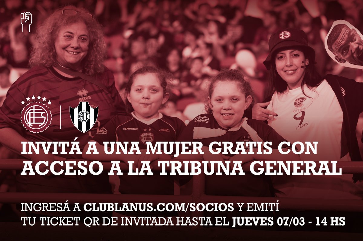 🇱🇻🔜 LANÚS-CENTRAL CÓRDOBA
📌 Este jueves a las 19:00, en La Fortaleza 

🎟️ Por este partido, cada socio o socia puede invitar a una mujer no socia sin cargo al estadio. 

🔗 Realizá el trámite de forma rápida y sencilla desde acá: clublanus.com/socios 
*️⃣ Al ingresar al