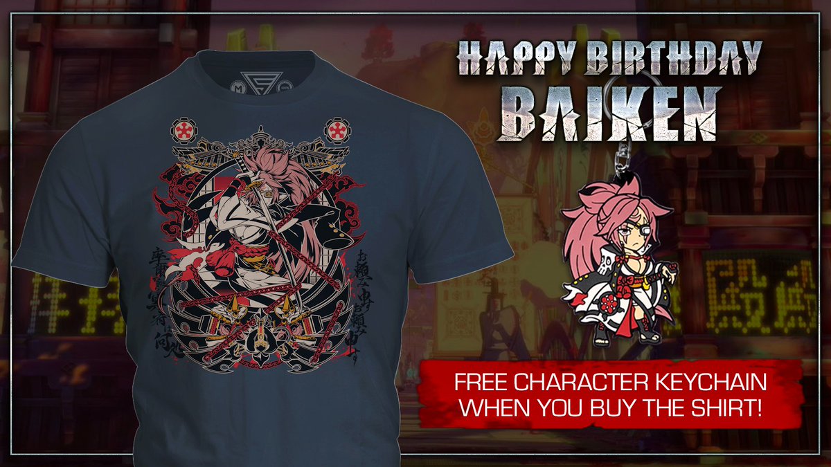 Happy birthday to the vengeful swordswoman Baiken! Celebrate by getting a FREE Baiken keychain when you get the matching shirt! Just add both to your cart! Get yours: eightysixed.com/collections/gu…