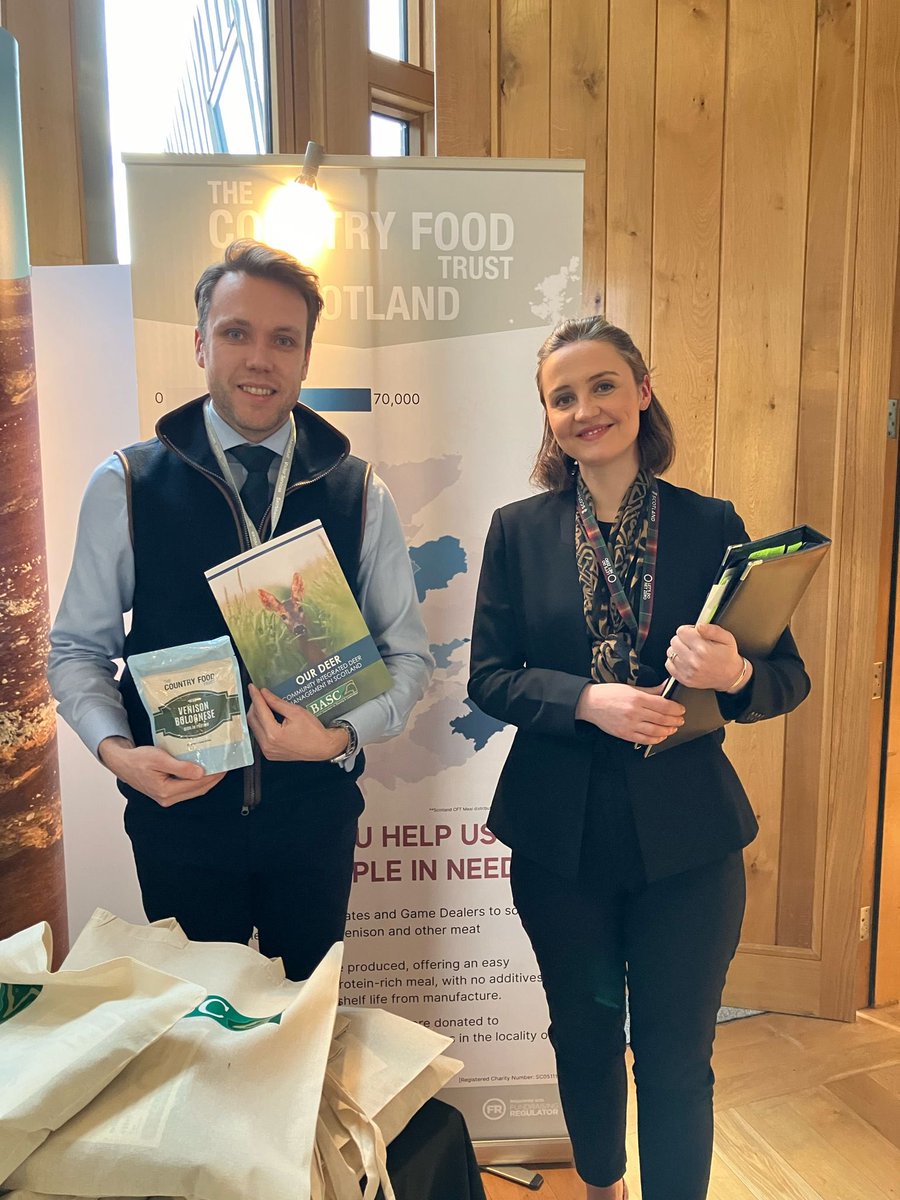 BASCScotland's tweet photo. 📣 It was great to welcome Minister @MairiMcAllan on our stand today in @ScotParl, in conjunction with the @CountryFoodTr, to discuss the latest deer management consultation &amp; the importance of venison as a sustainable food and protein source. 

#deermanagement #cft #bascscotland https://t.co/s0Abh6J61m