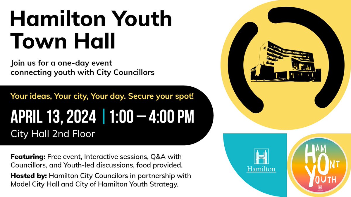 If you're between the ages of 14 and 29 and want to connect with your City Councillors, come out to Hamilton's first Youth Town Hall on April 13 at City Hall! Register at tinyurl.com/hamontyouth. Hope to see you there #HamOnt!