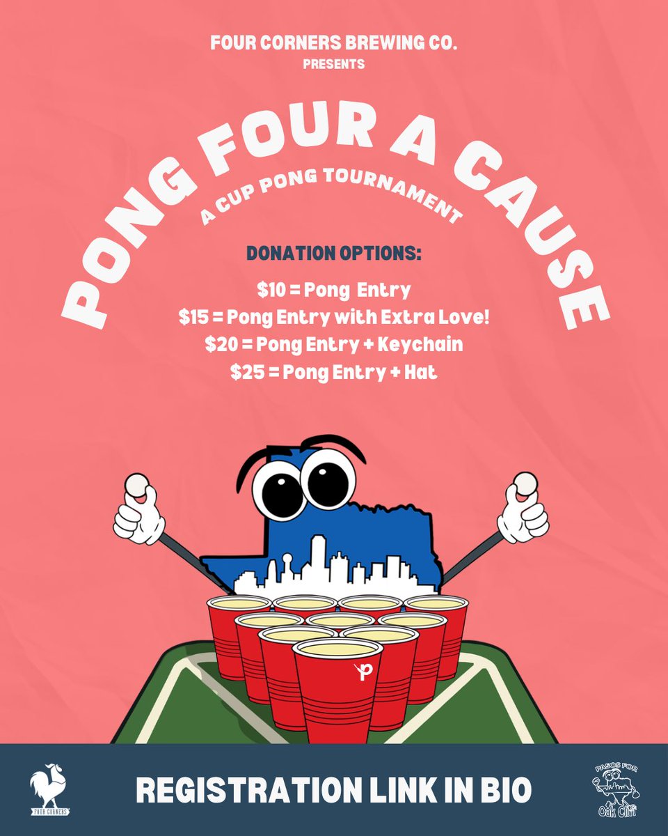 Pasos for Oak Cliff (@pasosforoc) on Twitter photo Test your Beer Pong skills tomorrow! 🍻
Joins us at <a href="/fcbrewing/">Four Corners Brewing Co.</a> from 7PM-9PM for a Beer Pong Tournament!
$10 Fee Per Team
$1 Donated per beer sale to us!
All proceeds benefit our sneaker program to help kids in need with new shoes.
RUN IT UP! Test your Beer Pong skills tomorrow! 🍻
Joins us at <a href="/fcbrewing/">Four Corners Brewing Co.</a> from 7PM-9PM for a Beer Pong Tournament!
$10 Fee Per Team
$1 Donated per beer sale to us!
All proceeds benefit our sneaker program to help kids in need with new shoes.
RUN IT UP!