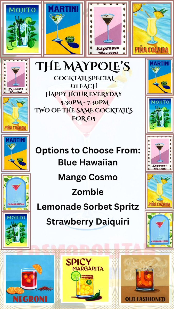 Join us for our daily happy hour from 5:30 to 7:30 pm! Indulge in two matching cocktails for just £15