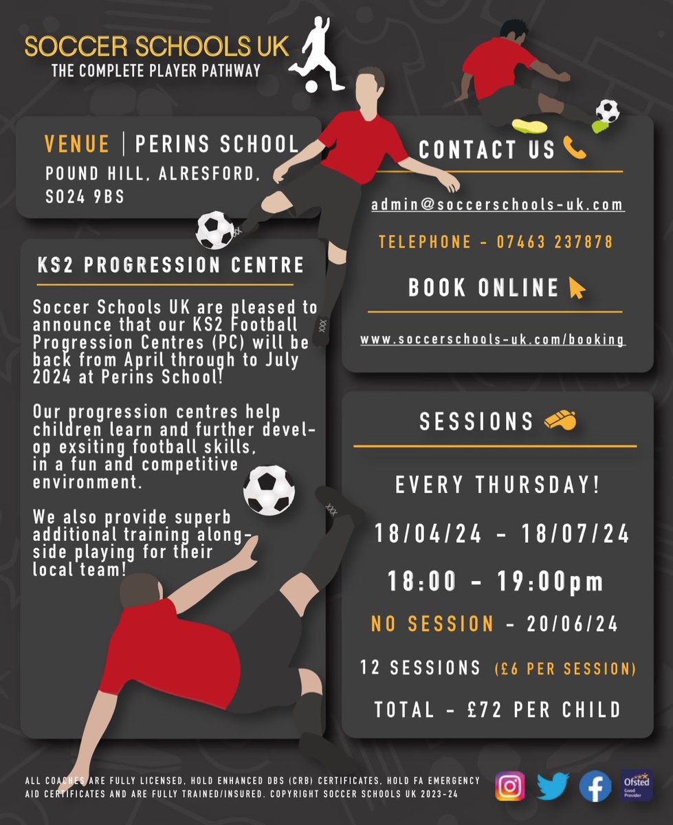 Dates for our Evening Progression &amp; Development Centres have been released for the Summer Term, April 2024! ⚽️🔴⚪️

Please fill out an online booking form, or send us an email (to arrange a trail)! 

📧 admin@soccerschools-uk.com 
💻 soccerschools-uk.com/booking 
📞 07463 237878