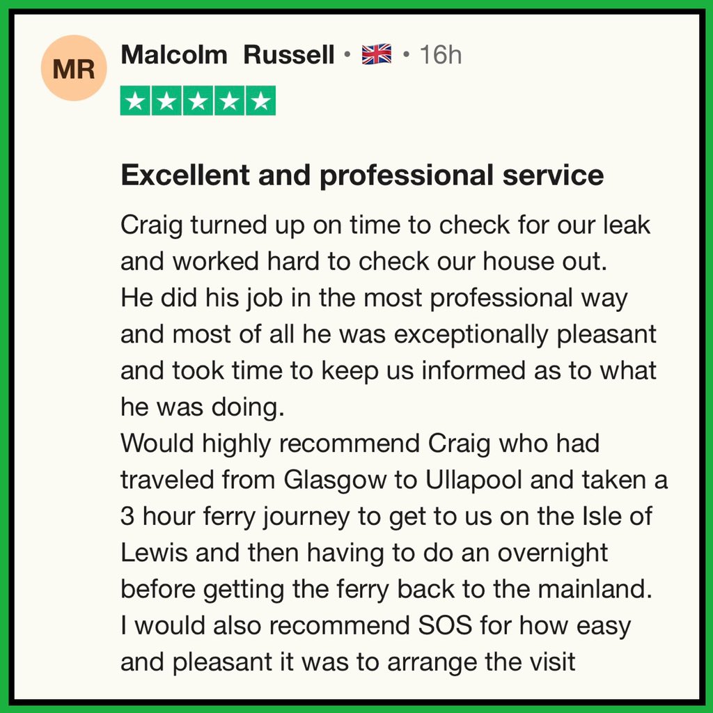 A fantastic review left for the team! SOS - A Truly National Service 🏴󠁧󠁢󠁳󠁣󠁴󠁿🏴󠁧󠁢󠁷󠁬󠁳󠁿🏴󠁧󠁢󠁥󠁮󠁧󠁿🇬🇧 Well done to Leak Detection Specialist Craig Stevenson and our Dispatcher, Sarah Chappell. Fantastic teamwork. #TeamSOS #NationalLeakDetection #LeakDetection #LeakDetectionExperts