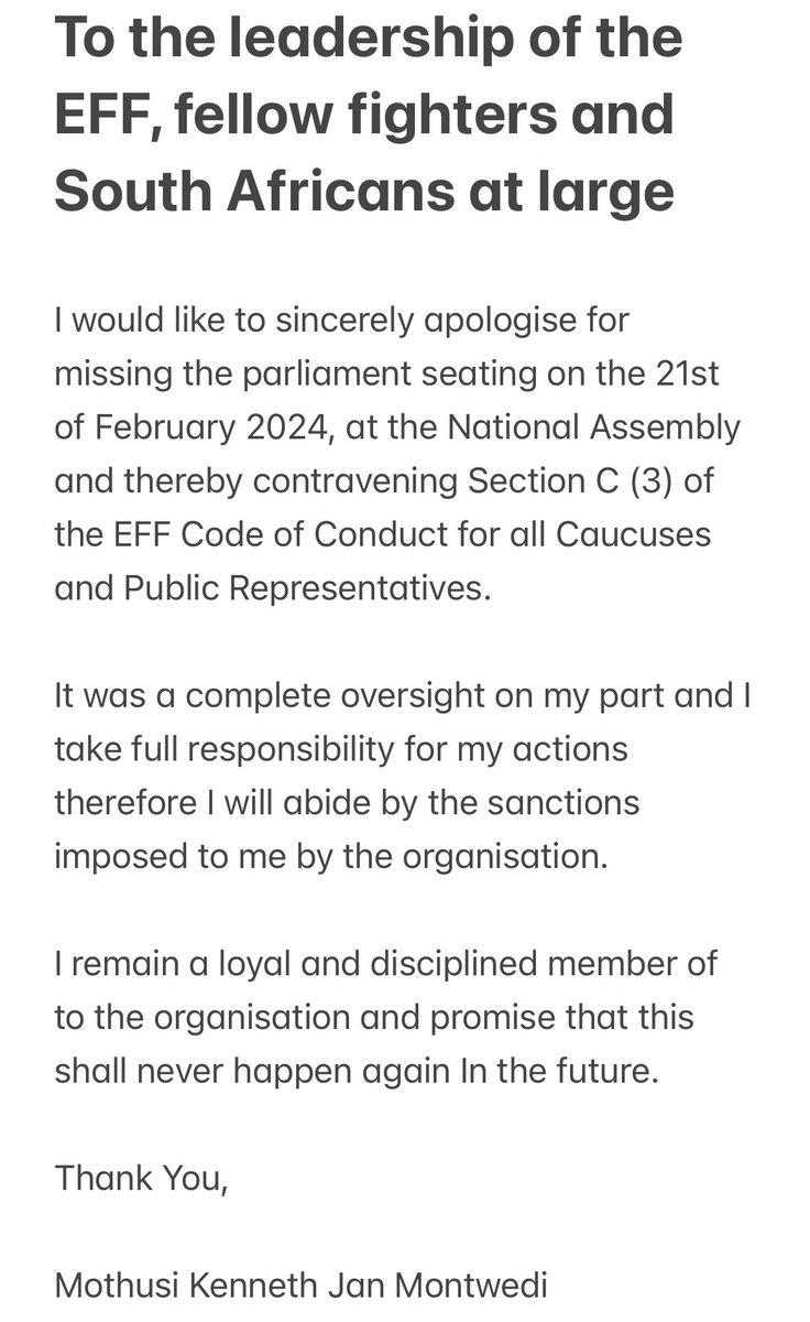 MothusiMontwedi's tweet image. To the leadership of my organization the @EFFSouthAfrica, @EffNorthwest and my fellow fighters please accept my sincere apology