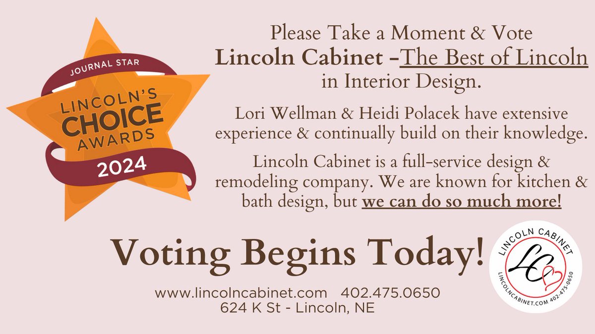 The Voting Has Begun!
Lincoln's Choice Awards 2024
Please visit the link below & head to the category 'Services & Housing' Scroll down to 'Interior Design' & that is where you will find Lincoln Cabinet!
journalstar.com/contests/linco…
Vote everyday!
#LincolnCabinet #BestofLincoln #Vote