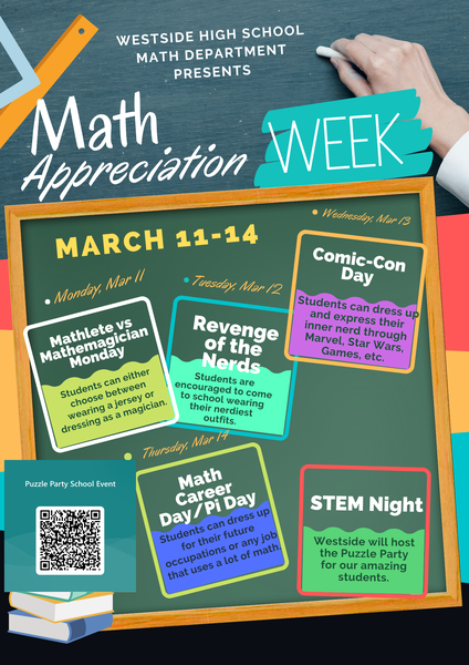 WHS_Seminoles's tweet photo. Hey MATH APPRECIATION WEEK is coming up! A special theme each day in including 3.14 “Pi Day” with special activities for STEM Night!
#Built4Bibb #WestsidePride #MathWeek #Piday2024 https://t.co/7jh0T1A60M