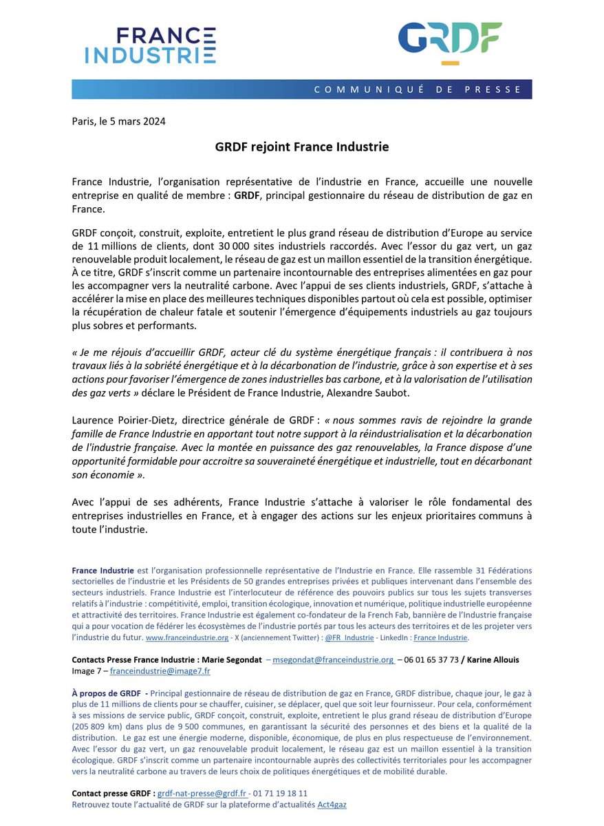#CP #Presse 🗞️ 
<a href="/FR_Industrie/">France Industrie</a>, l’organisation représentative de l’#industrie en France 🇫🇷, créée par le Cercle de l'Industrie et le Groupe des Fédérations Industrielles, accueille #GRDF en qualité de nouveau membre. 
➡️ cutt.ly/1w1wIMCy
#GazVert #Décarbonation #Energie