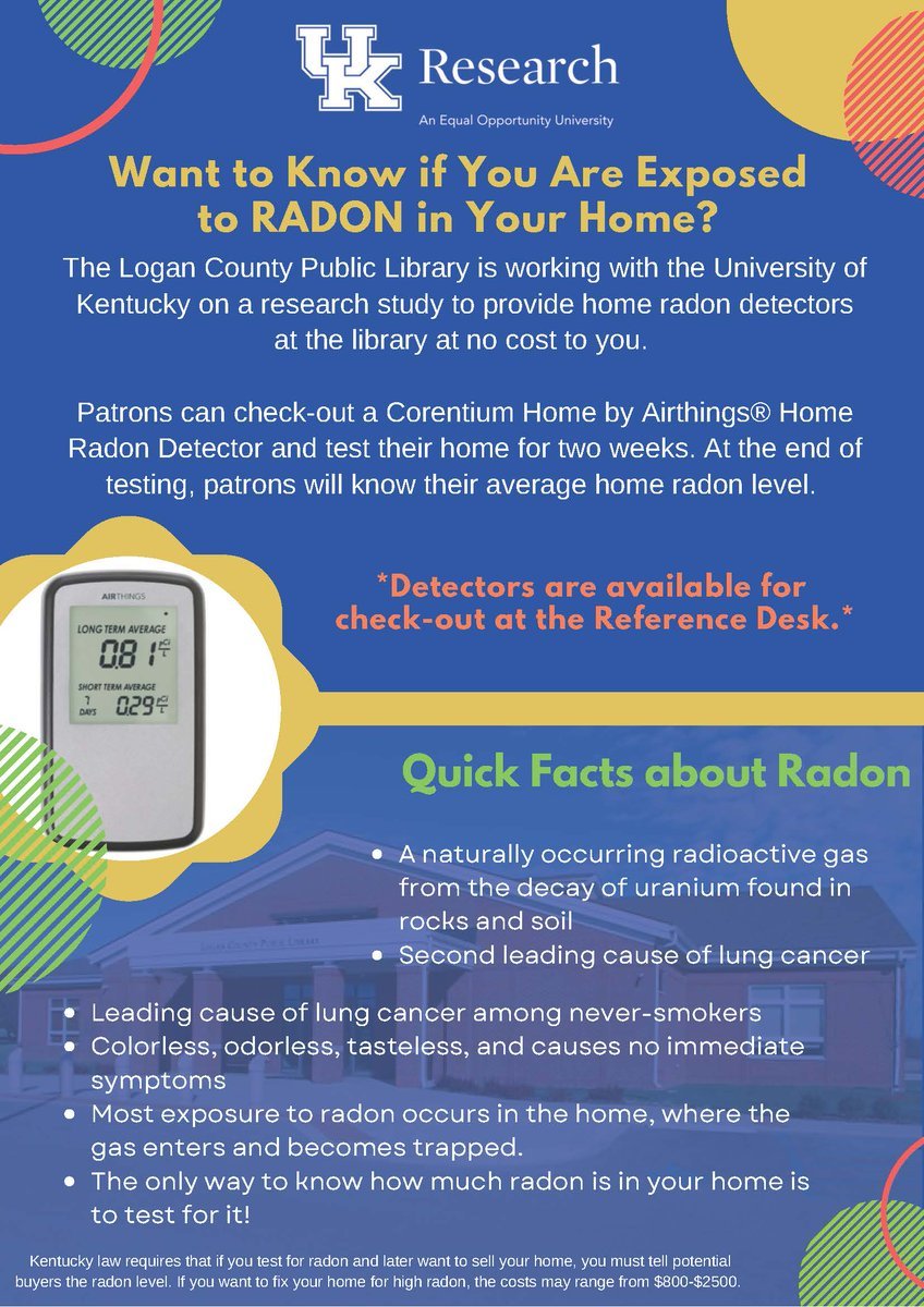 UkyRadon's tweet photo. FREE digital @airthings #radon monitors for checkout in 4 #KY public libraries: Hopkinsville-Christian County  Library, Logan County Public Library, @PulaskiLibrary &amp; @RowanPublicLib 
https://t.co/cidJbV7zyd
@Hopkinsville_Ky @KYMorehead @Somerset_KY @NIEHS https://t.co/aBerwB01A4