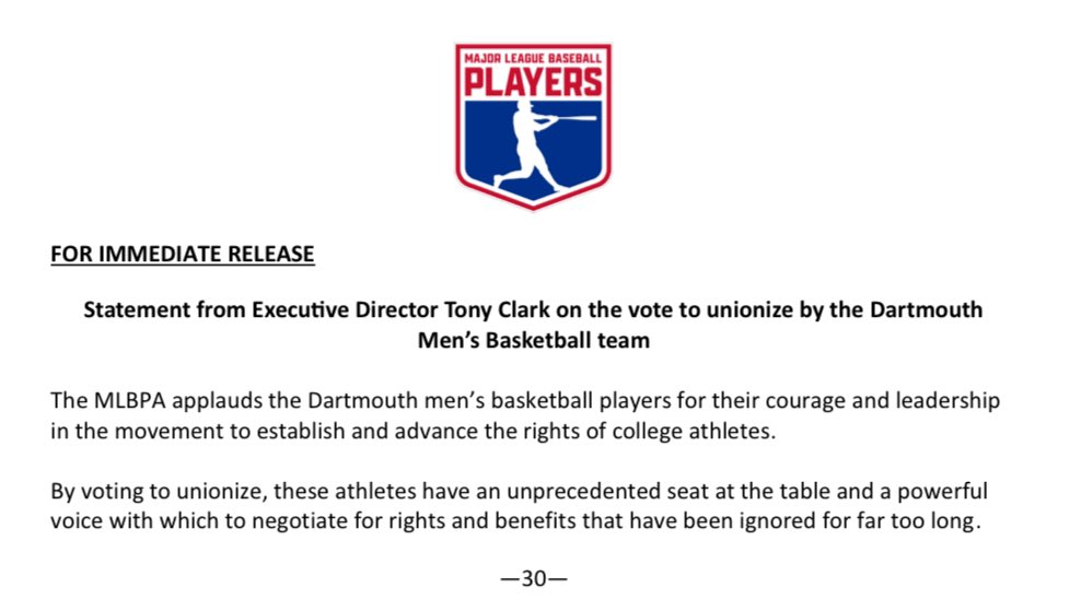 FOR IMMEDIATE RELEASE Statement from Executive Director Tony Clark on the vote to unionize by the Dartmouth Men’s Basketball team @MLBPA