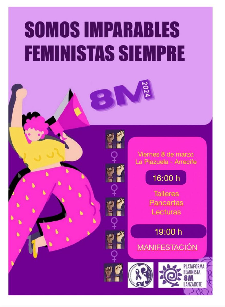 📢 ¡¡POR LOS DERECHOS DE TODAS!!

Ante los genocidios, el racismo, las violencias patriarcales, la pobreza y la precariedad...
¡¡NOS SUBLEVAMOS!!

¡¡Te esperamos!! ¡¡Juntas somos más fuertes!!

¡¡Difunde y participa!! 

✊🏾💜💪💜✊🏿💜💪🏾

Convoca: Plataforma Feminista 8M Lanzarote