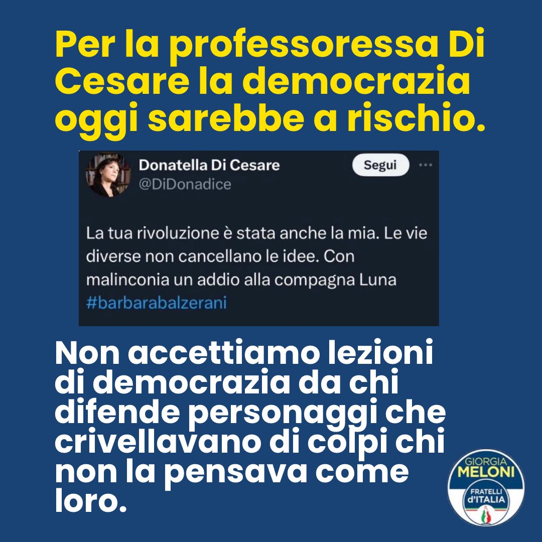 Con le sue deliranti dichiarazioni sulla brigatista Barbara Balzerani, la professoressa Di Cesare si iscrive di diritto nella lista dei cattivi maestri.

#DiCesare #Fdi #terrorismo