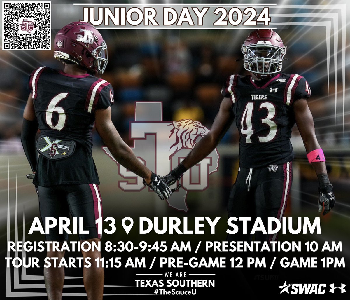 🗓️: JUNIOR DAY 📍: H&PE 🐅🐅Use QR Code to register 🐅🐅 ⌚️SCHEDULE 🏈Registration 8:30 - 9:45 a.m. 🏈Presentation 10:00 a.m. 🏈Tour Starts 11:15 a.m. 🏈Pre-Game 12-1 p.m 🏈Spring Game 1 p.m. #TheSauceU #TSUntamed25 *Class of 2026 & 2027 can attend!