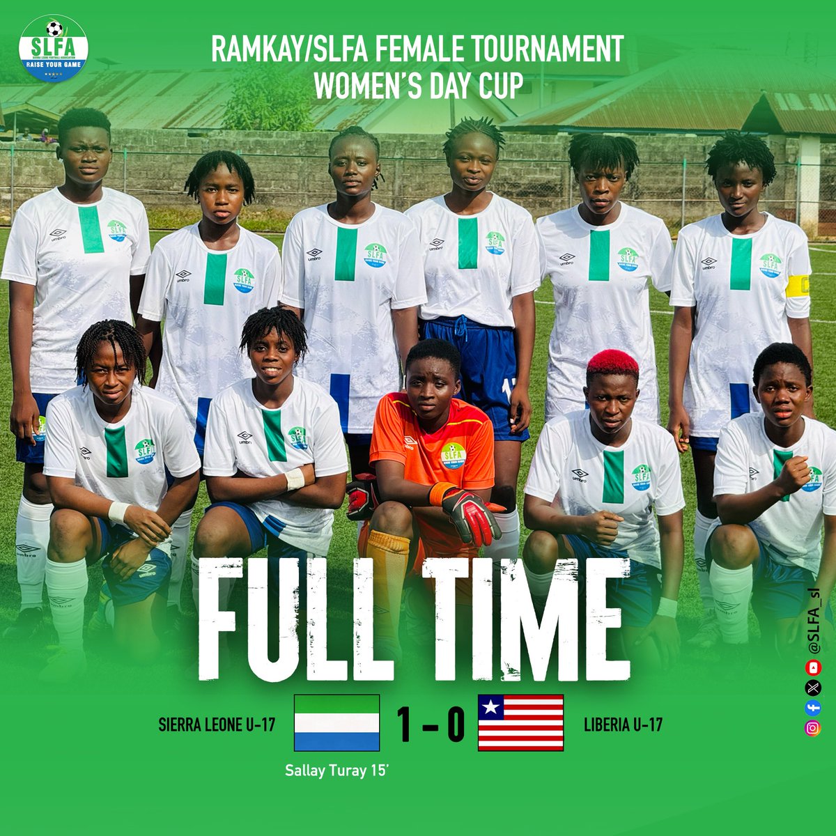 Sierra Leone National U17 clinches victory against Liberia with a 1-0 win in the ongoing Women's Day Cup! Congrats to the team! #WomenInSports #SierraLeoneU17 #Liberia #WomensDayCup