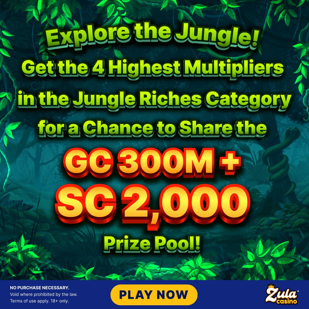 🐍Jungle Riches: Highest Multiplier Expedition at Zula Casino!🐍 
 
Explore our Jungle Category and get 1 of the 4 Highest Multipliers today for a chance to share the incredible 300M GC + 2,000 SC #Prize Pool!