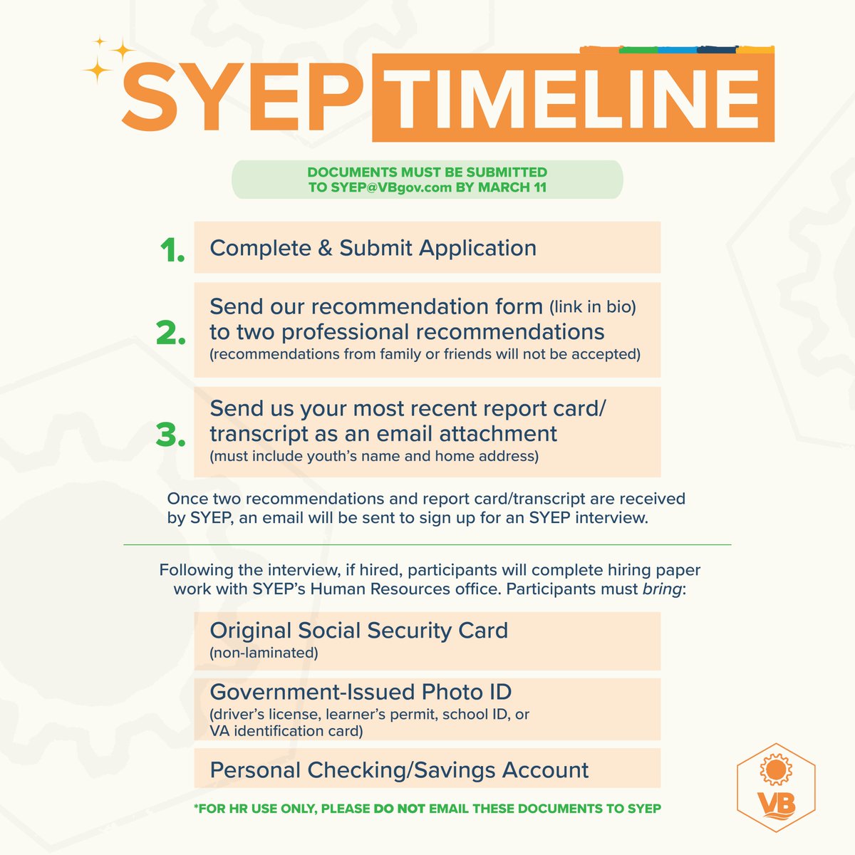 VB_SYEP's tweet photo. Are you completing all steps in order to schedule an interview and move through our hiring process? Learn more on our website (link in bio)

#vbsyep #vbsyep2024 #summerjob #youthemployment #virginiabeach https://t.co/vl6AHcLn6j