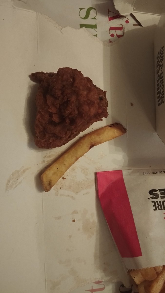 Hey <a href="/KFC_UKI_Help/">KFC Care Squad</a> my absolute joy at ordering a KFC turned into disappointment when I realised the piece of chicken in my box meal was smaller than one of your delicious, new recipe, chips... I'll have to make sure I don't do an order for delivery in future 😔