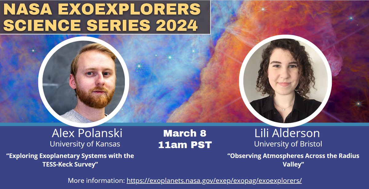 NExScI: Exoplanet Science Institute Caltech IPAC (@nexsci_ipac) on Twitter photo March's #ExoExplorers science talk features
<a href="/AlexNeedsSpace/">Flatland Astronomer, PhD</a> of <a href="/UnivOfKansas/">University of Kansas</a> and <a href="/BristolUniPhys/">School of Physics - University of Bristol</a>'s <a href="/lili_alderson/">Lili Alderson</a> discussing exoplanetary systems with the TESS-Keck Survey and some results from the #JWST COMPASS program. Join them at 11am PST Fri., 3/8. exoplanets.nasa.gov/exep/events/49… March's #ExoExplorers science talk features
<a href="/AlexNeedsSpace/">Flatland Astronomer, PhD</a> of <a href="/UnivOfKansas/">University of Kansas</a> and <a href="/BristolUniPhys/">School of Physics - University of Bristol</a>'s <a href="/lili_alderson/">Lili Alderson</a> discussing exoplanetary systems with the TESS-Keck Survey and some results from the #JWST COMPASS program. Join them at 11am PST Fri., 3/8. exoplanets.nasa.gov/exep/events/49…