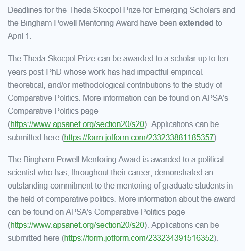 The CP section's Skocpol prize for emerging scholars and Powell Mentoring Award nomination deadlines are extended to April 1. Nominate Skocpol prize scholars here: form.jotform.com/233233881185357 and Powell award scholars here: form.jotform.com/233234391516352