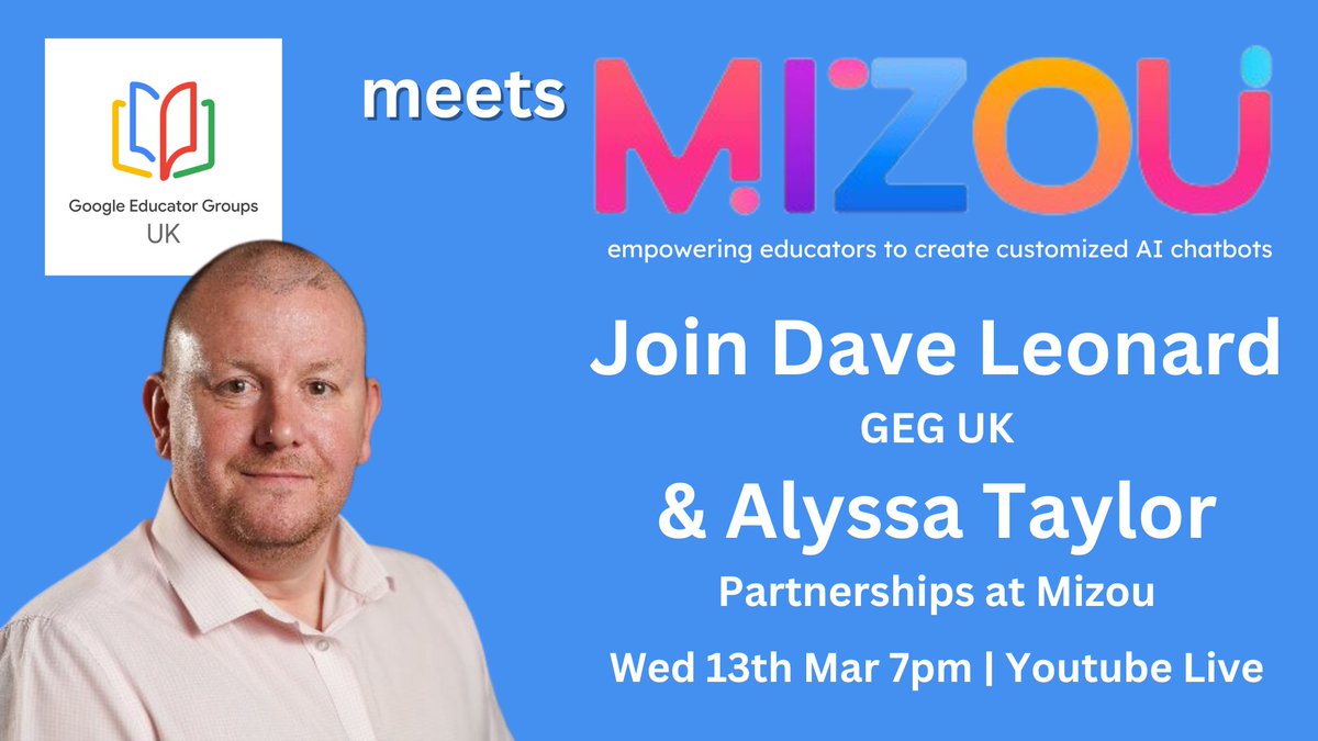 GEG UK (@geg_uk) on Twitter photo Want to know more about <a href="/mizouai/">Mizou - AI Chatbot</a> ?
Join <a href="/itbadger/">Dave Leonard</a> and friends as he meets Alyssa, and dives into how Mizou can empower educators with AI chatbots.
๐
set your #YoutubeLive reminder here: youtube.com/live/Zzd3ttpT7โฆ Want to know more about <a href="/mizouai/">Mizou - AI Chatbot</a> ?
Join <a href="/itbadger/">Dave Leonard</a> and friends as he meets Alyssa, and dives into how Mizou can empower educators with AI chatbots.
๐
set your #YoutubeLive reminder here: youtube.com/live/Zzd3ttpT7โฆ